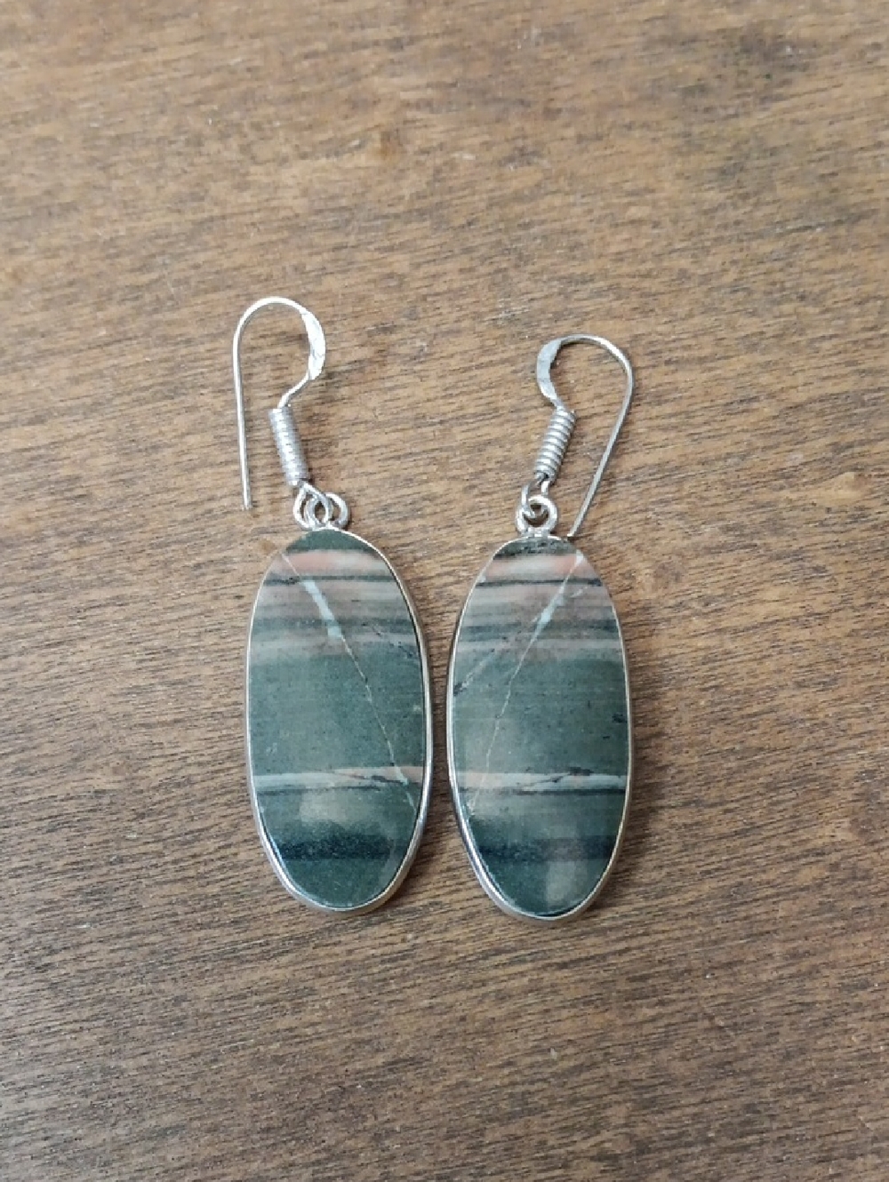 Green Striped Oval Stone Drop Earrings - Women Jewelry